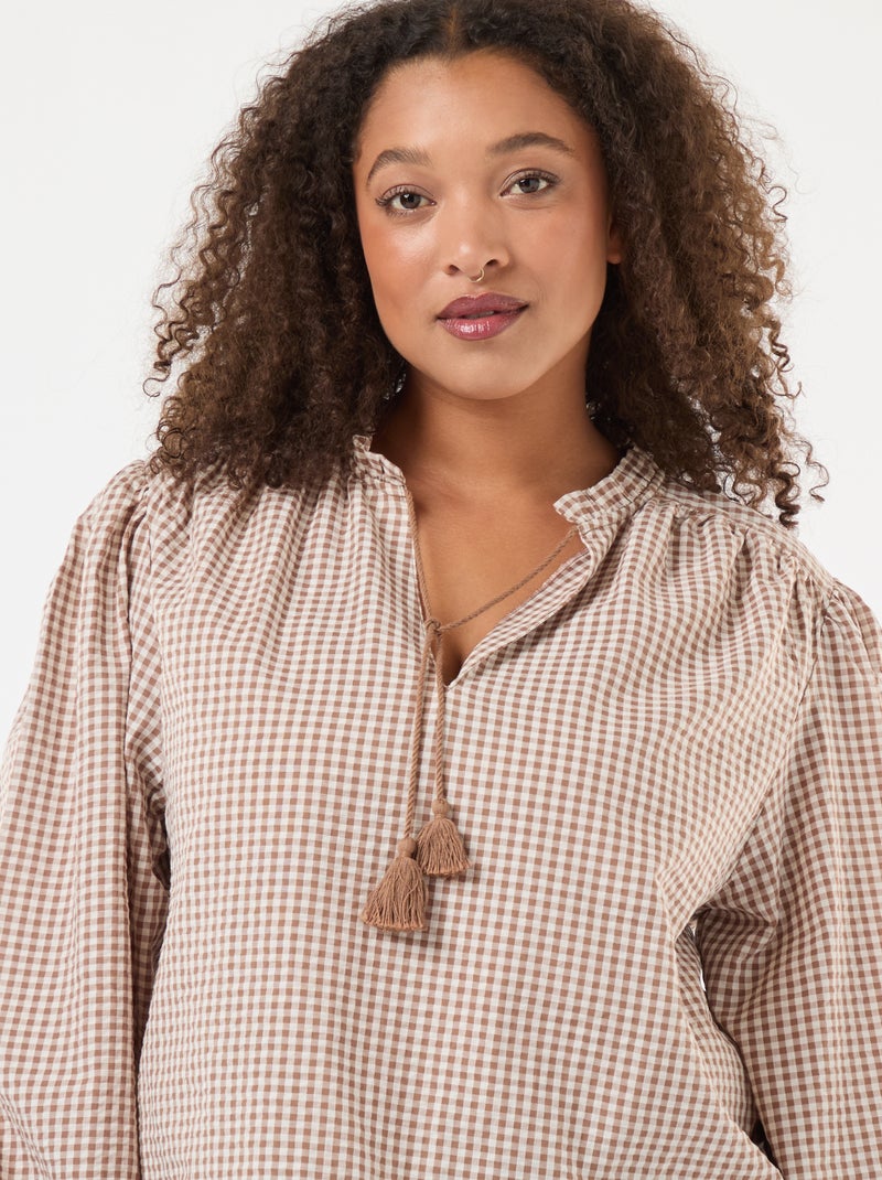 Blusa fluida com padrão vichy Bege - Kiabi