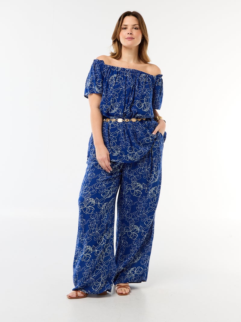 Blusa fluida crepe com mangas curtas Azul - Kiabi
