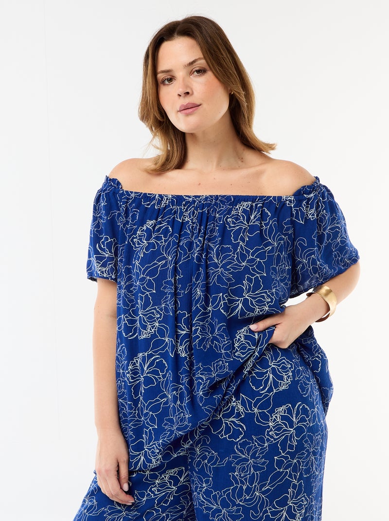 Blusa fluida crepe com mangas curtas Azul - Kiabi