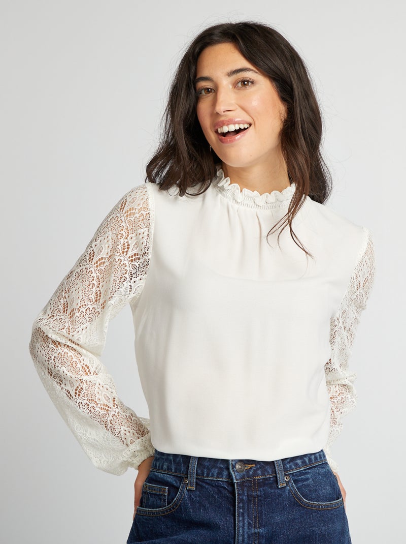 Blusa fluida de gola com folhos e com mangas de renda Branco - Kiabi