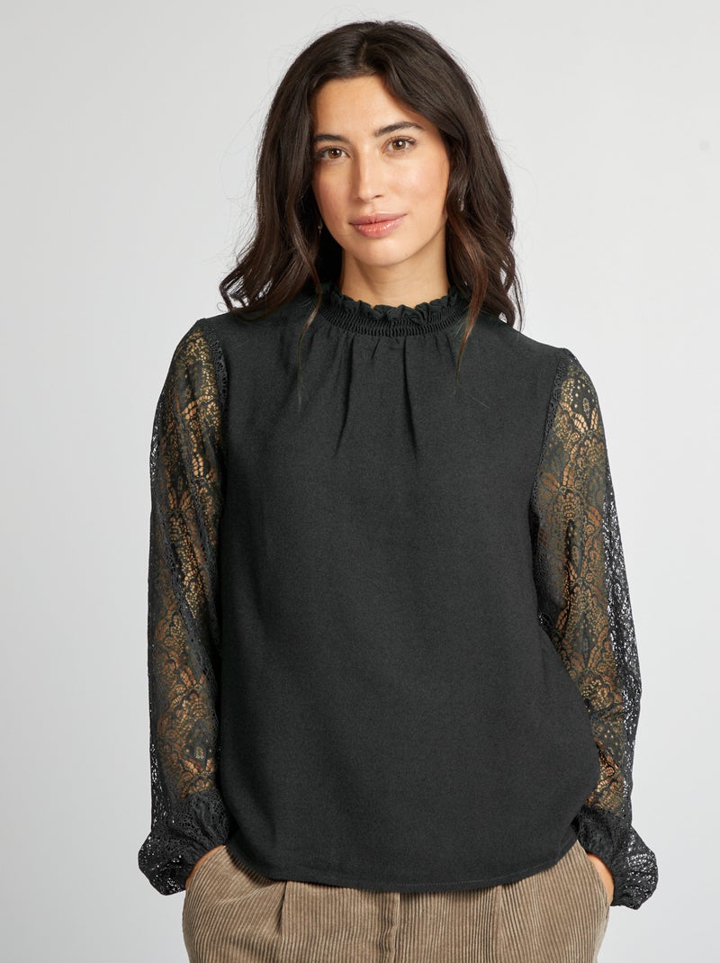 Blusa fluida de gola com folhos e com mangas de renda Preto - Kiabi