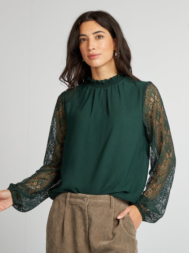 Blusa fluida de gola com folhos e com mangas de renda VERDE - Kiabi