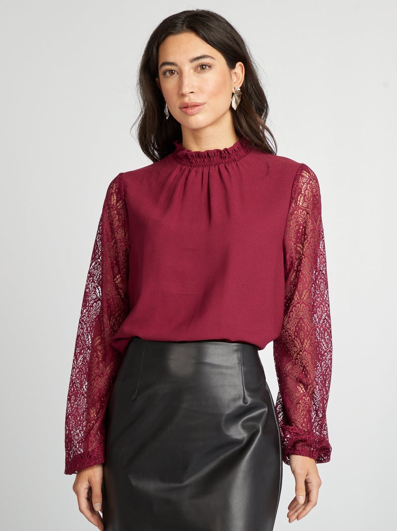 Blusa fluida de gola com folhos e com mangas de renda VERMELHO - Kiabi
