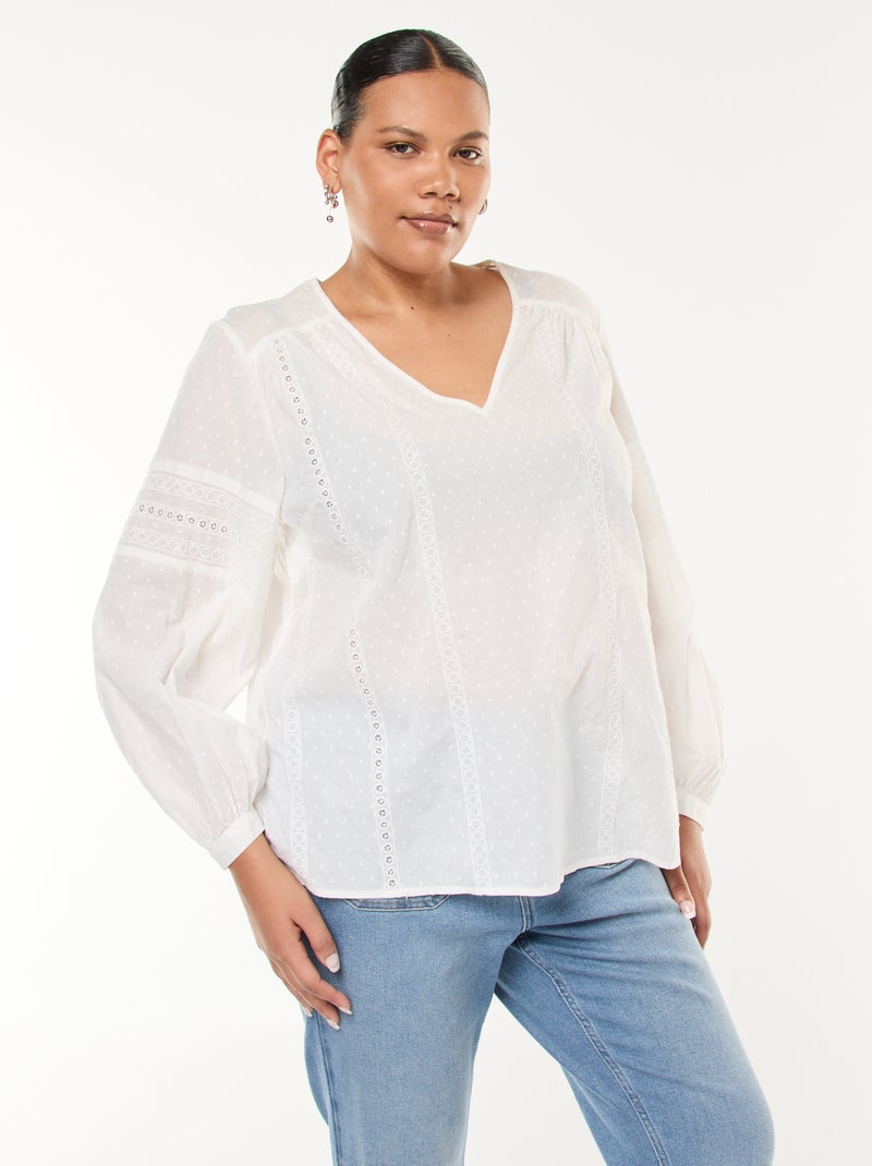 Blusa fluida lisa com plumetis e bordados vazados Branco - Kiabi
