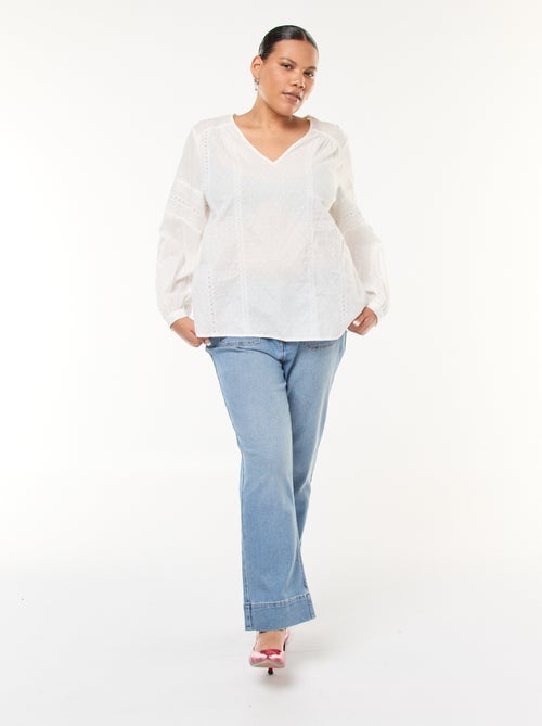 Blusa fluida lisa com plumetis e bordados vazados - Kiabi