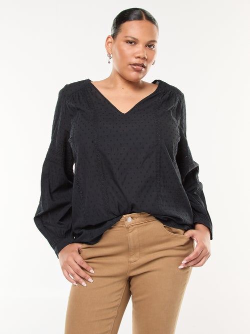 Blusa fluida lisa com plumetis e bordados vazados - Kiabi