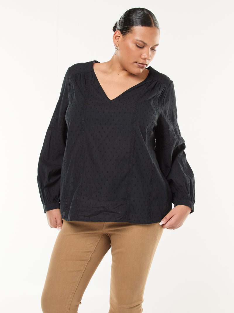 Blusa fluida lisa com plumetis e bordados vazados Preto - Kiabi