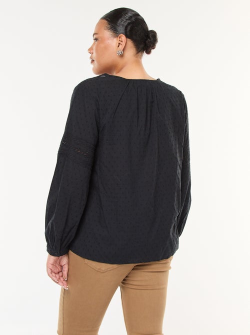 Blusa fluida lisa com plumetis e bordados vazados - Kiabi