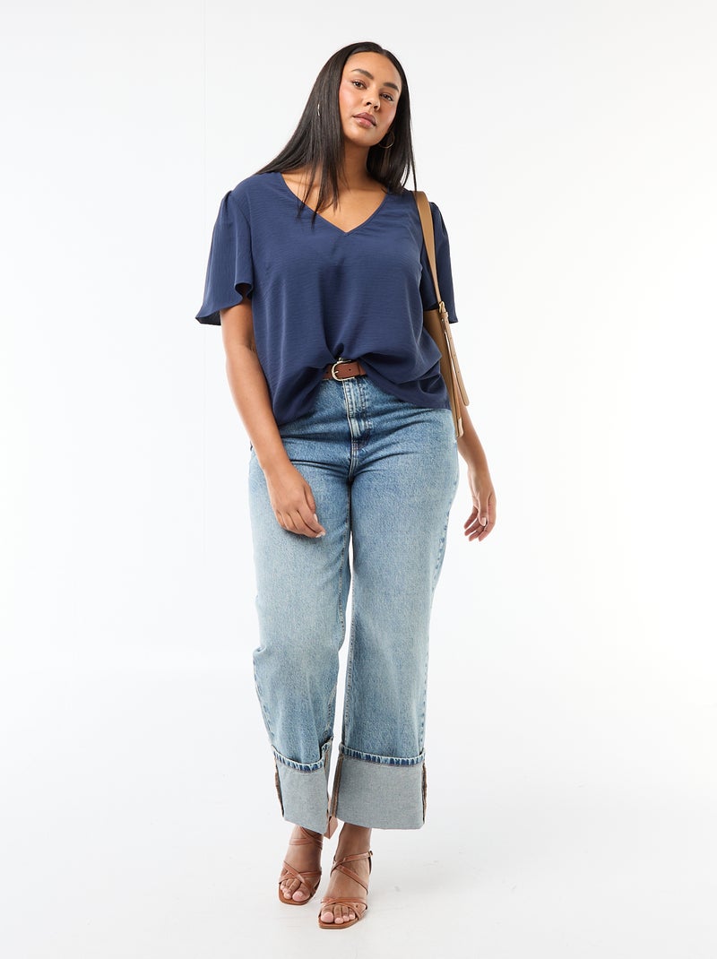 Blusa fluida lisa de manga curta Azul escuro - Kiabi