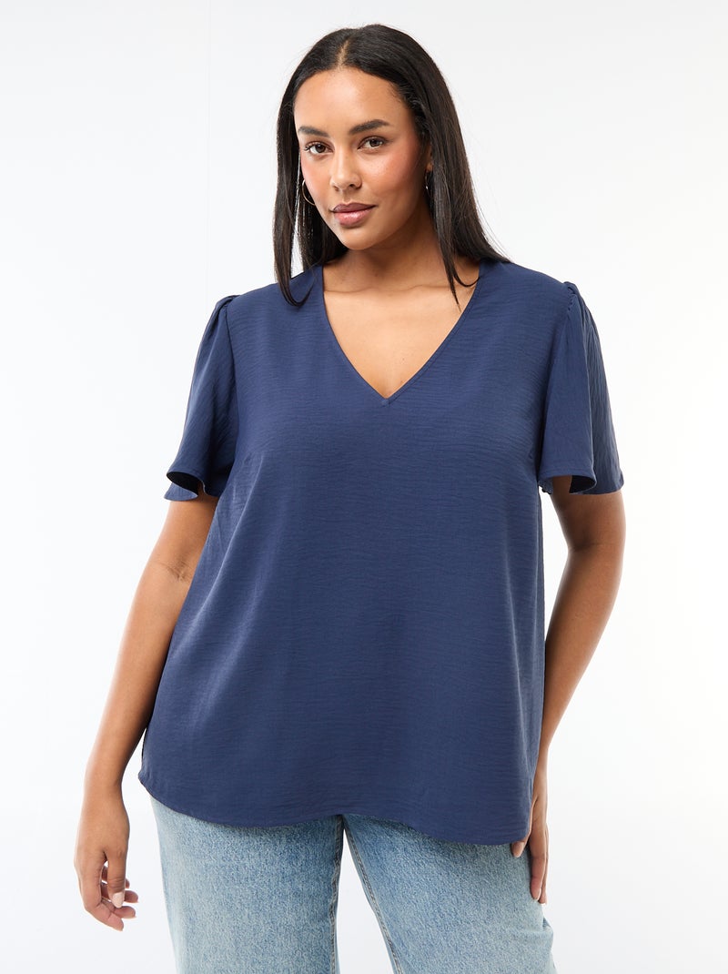 Blusa fluida lisa de manga curta Azul escuro - Kiabi