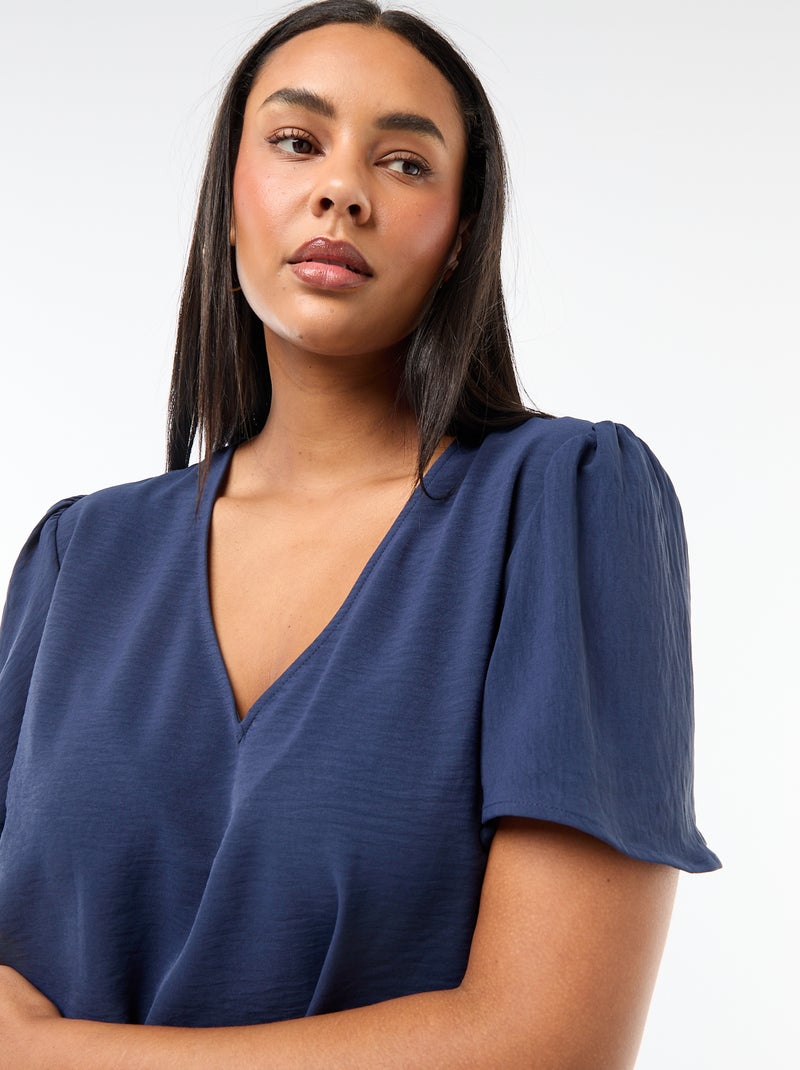 Blusa fluida lisa de manga curta Azul escuro - Kiabi