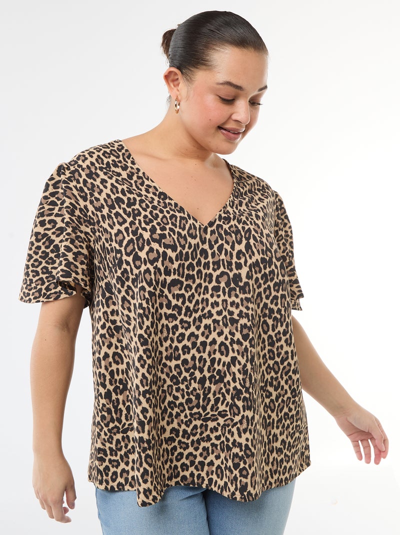 Blusa fluida lisa de manga curta Bege - Kiabi