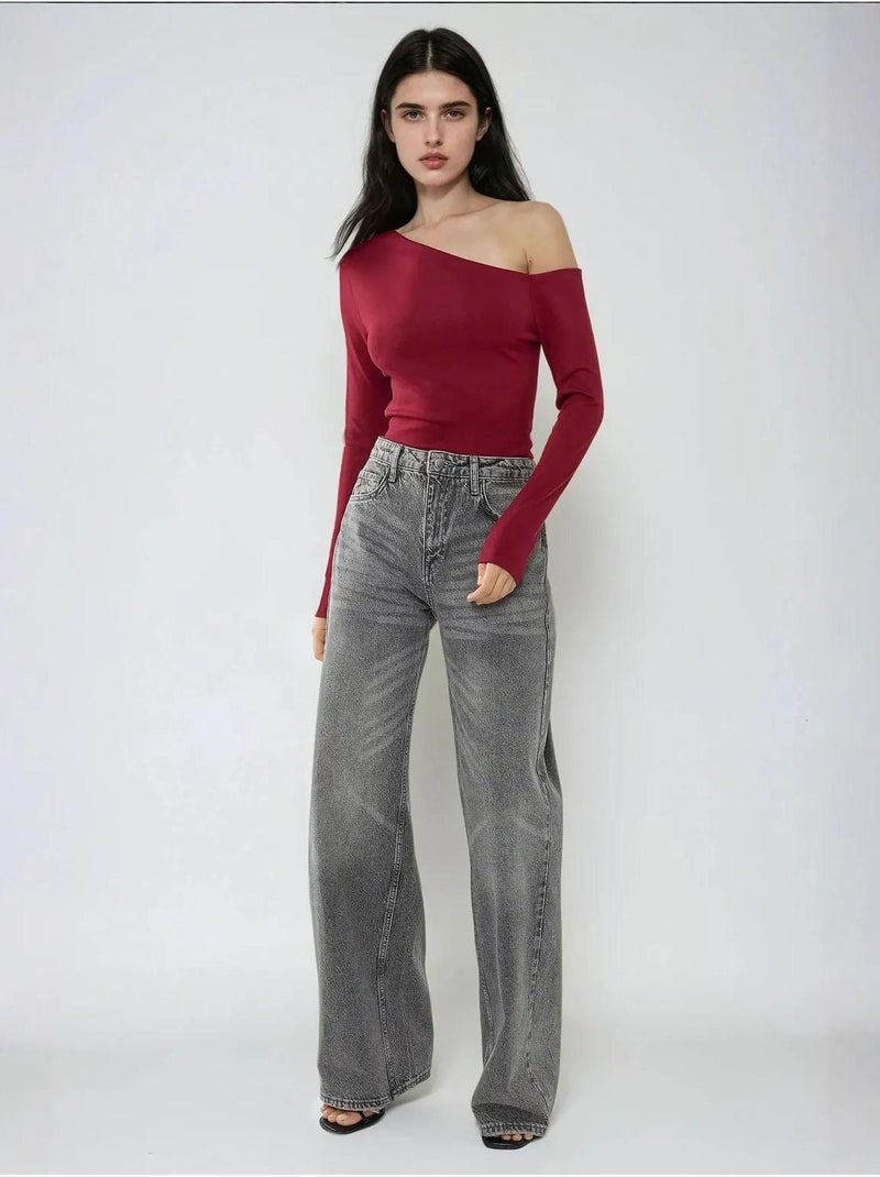 Blusa justa com decote assimétrico e manga comprida hiccup Vermelho bordô - Kiabi