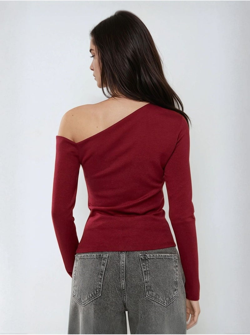 Blusa justa com decote assimétrico e manga comprida hiccup Vermelho bordô - Kiabi