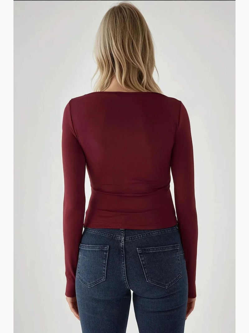 Blusa justa com decote em v e manga comprida hiccup Vermelho bordô - Kiabi