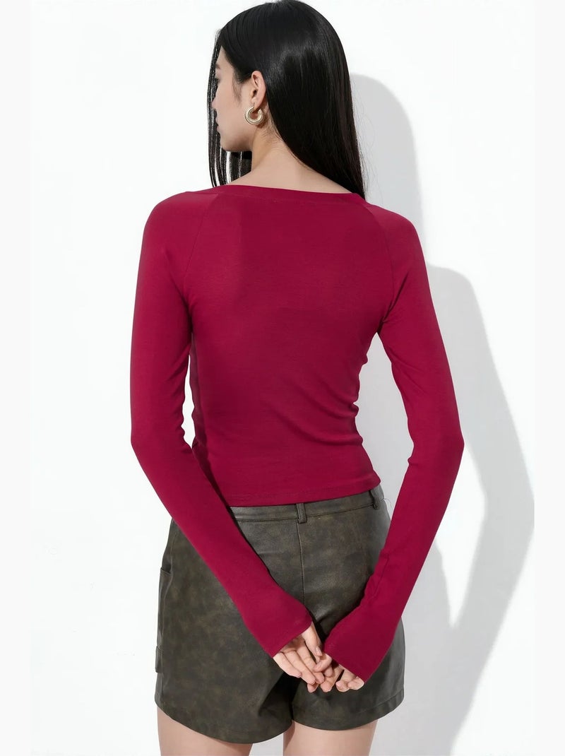 Blusa justa de manga comprida com decote em v busem Vermelho bordô - Kiabi