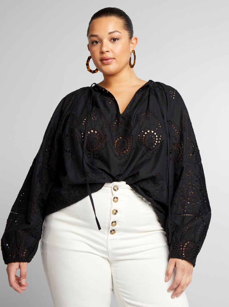 Blusa larga em bordado inglês Preto - Kiabi