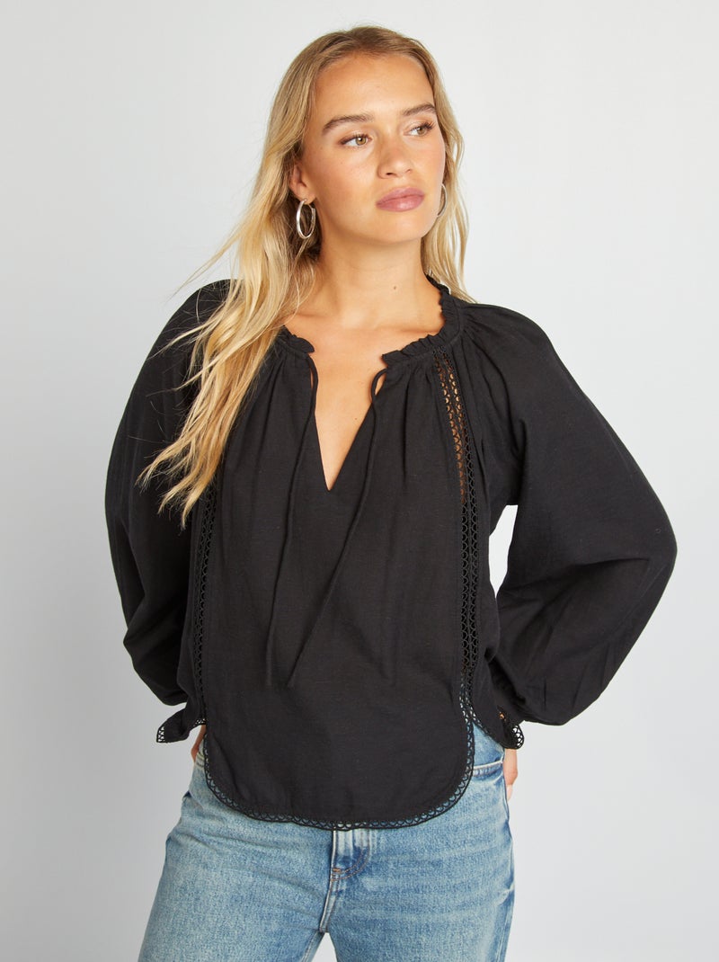 Blusa larga em linho misturado Preto - Kiabi