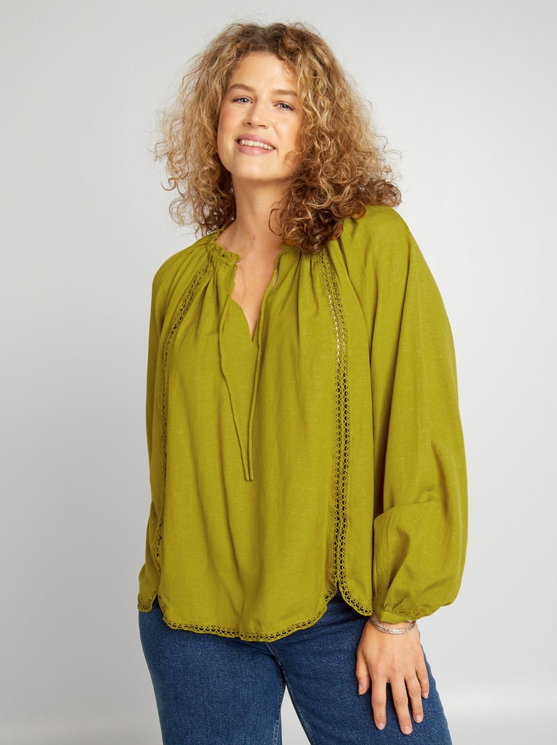 Blusa lisa com folhos aberta VERDE - Kiabi