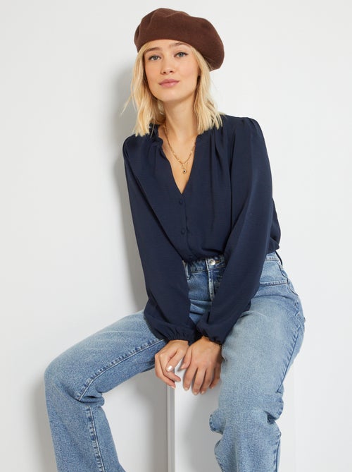 Blusa lisa com gola com folhos - Kiabi