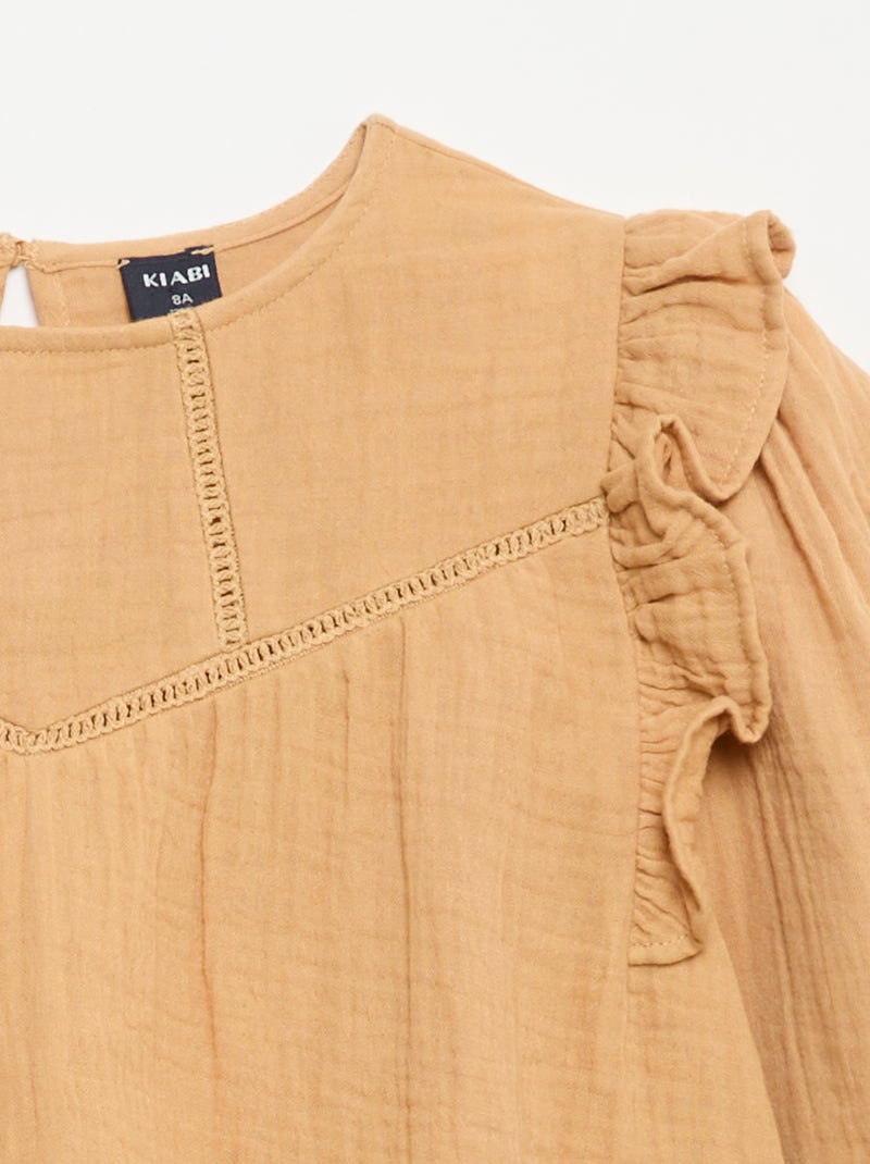 Blusa lisa em gaze de algodão Castanho - Kiabi