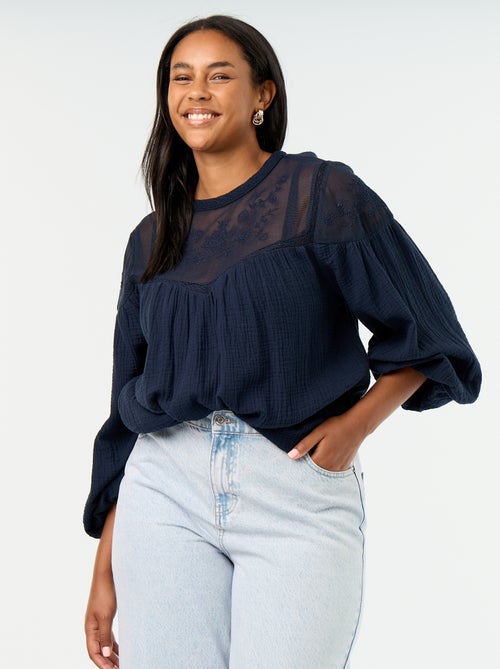 Blusa lisa em gaze de algodão e renda - Kiabi