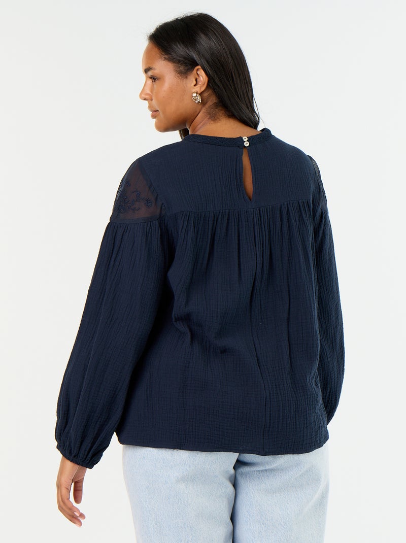 Blusa lisa em gaze de algodão e renda Azul - Kiabi