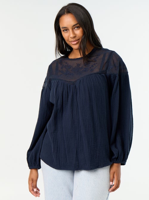 Blusa lisa em gaze de algodão e renda - Kiabi