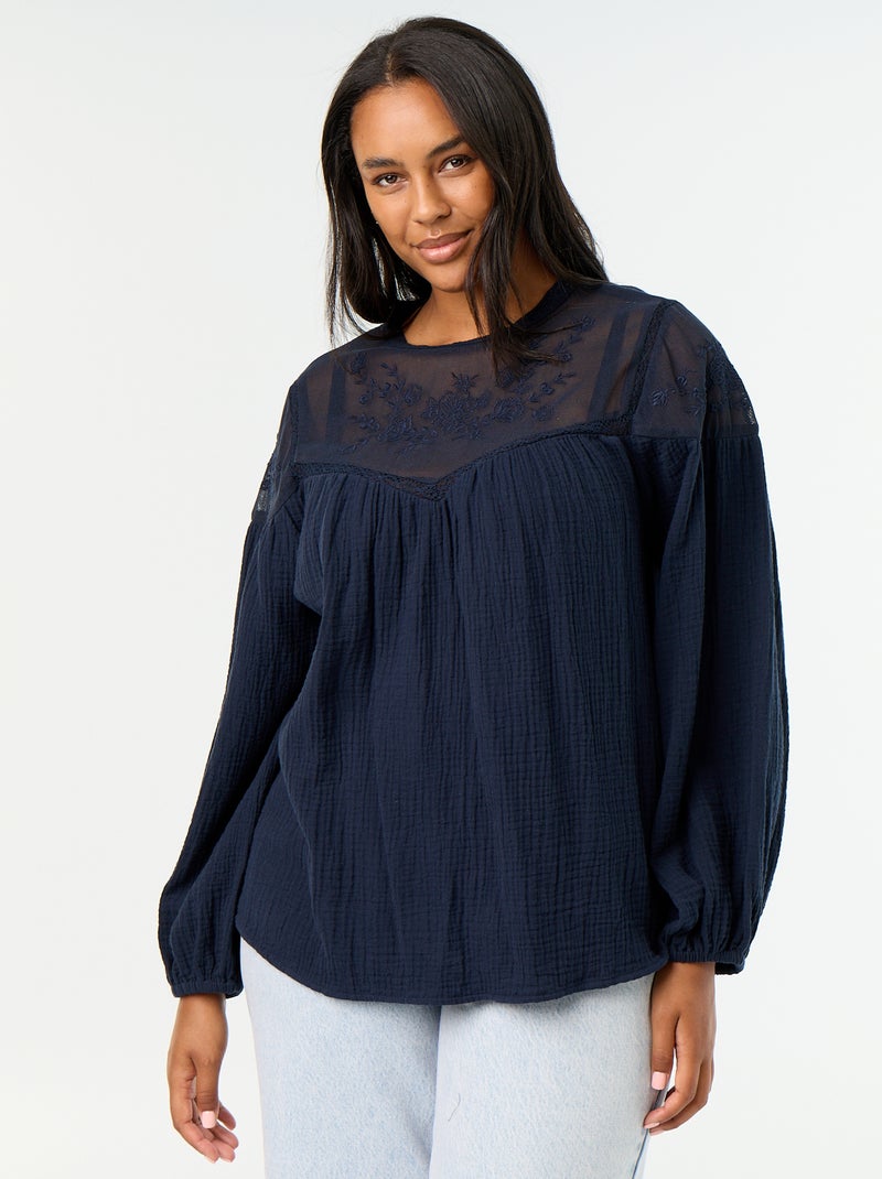 Blusa lisa em gaze de algodão e renda Azul - Kiabi