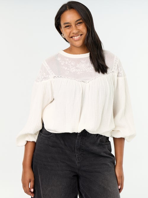 Blusa lisa em gaze de algodão e renda - Kiabi