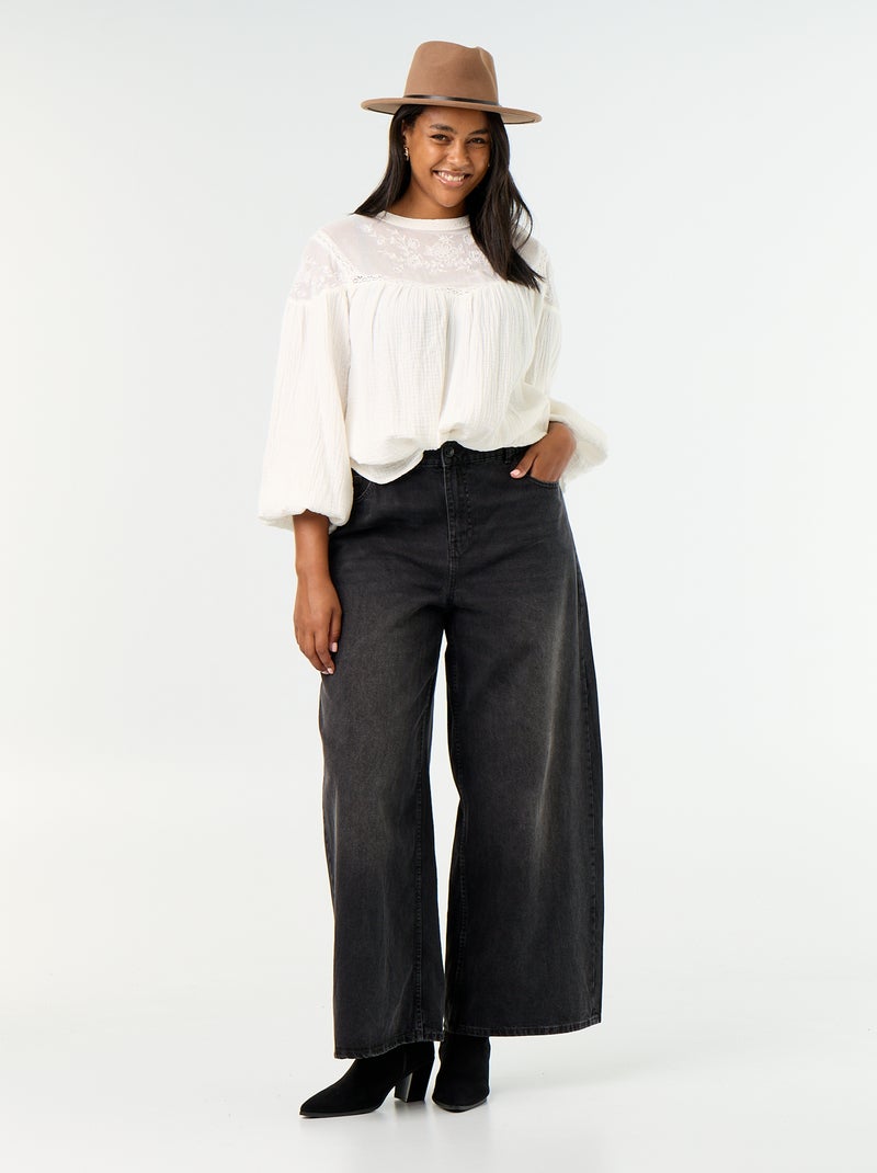 Blusa lisa em gaze de algodão e renda Branco - Kiabi