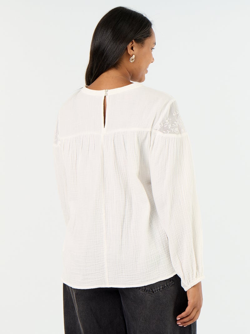 Blusa lisa em gaze de algodão e renda Branco - Kiabi