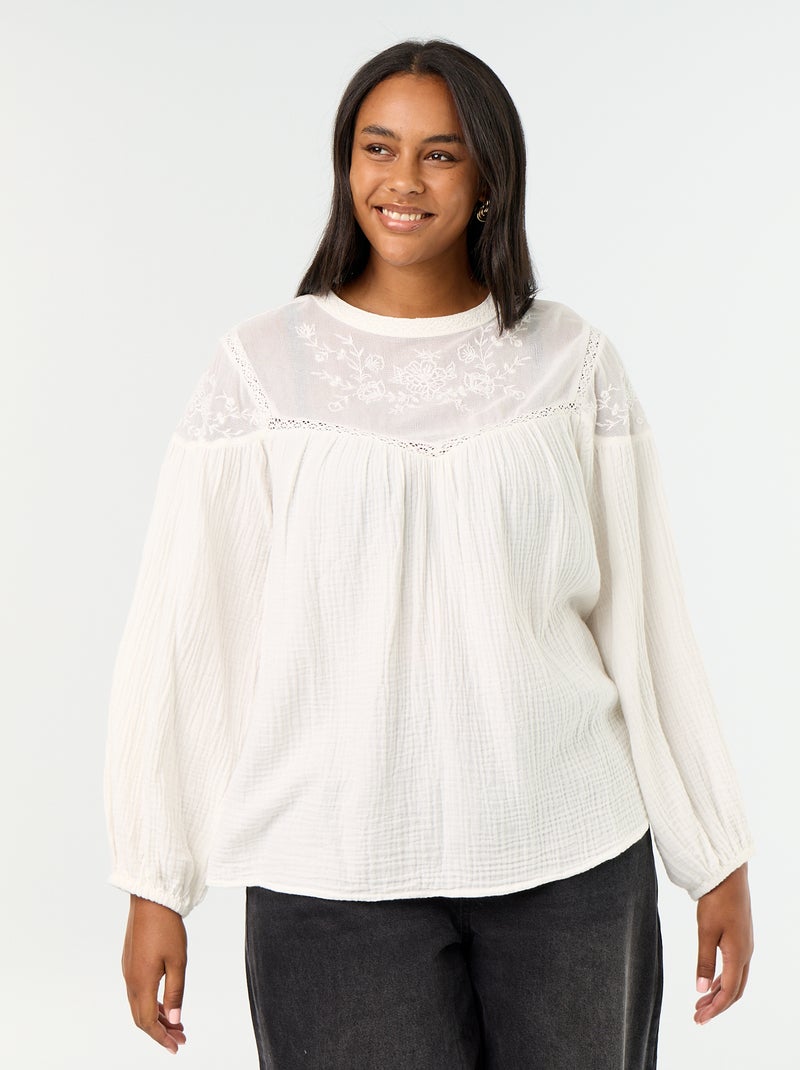 Blusa lisa em gaze de algodão e renda Branco - Kiabi