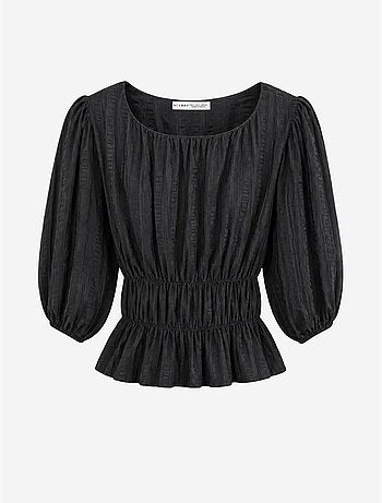 Blusa peplum texturada com decote em u e mangas três-quartos mixray