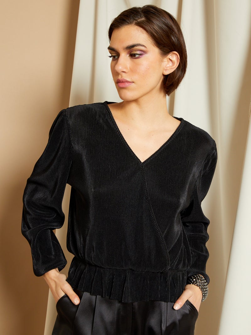 Blusa plissada com decote cruzado Preto - Kiabi