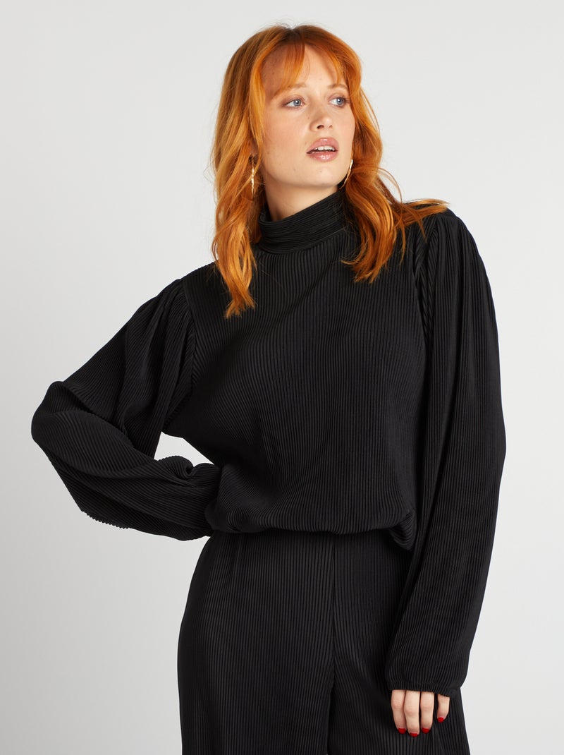 Blusa plissada de gola alta Preto - Kiabi