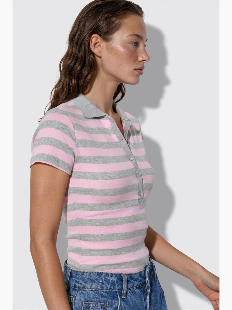 Blusa polo canelada às riscas busem Cinza-rosa - Kiabi