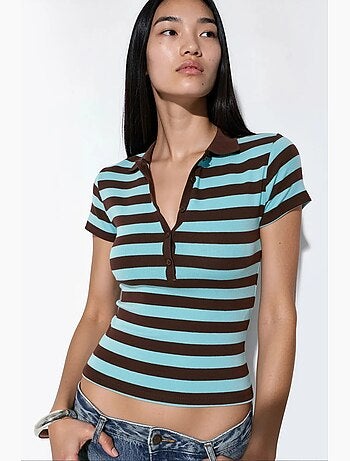 Blusa polo canelada às riscas busem