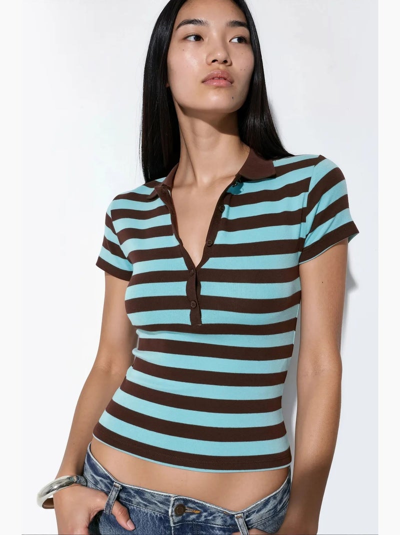 Blusa polo canelada às riscas busem Preto Azul - Kiabi