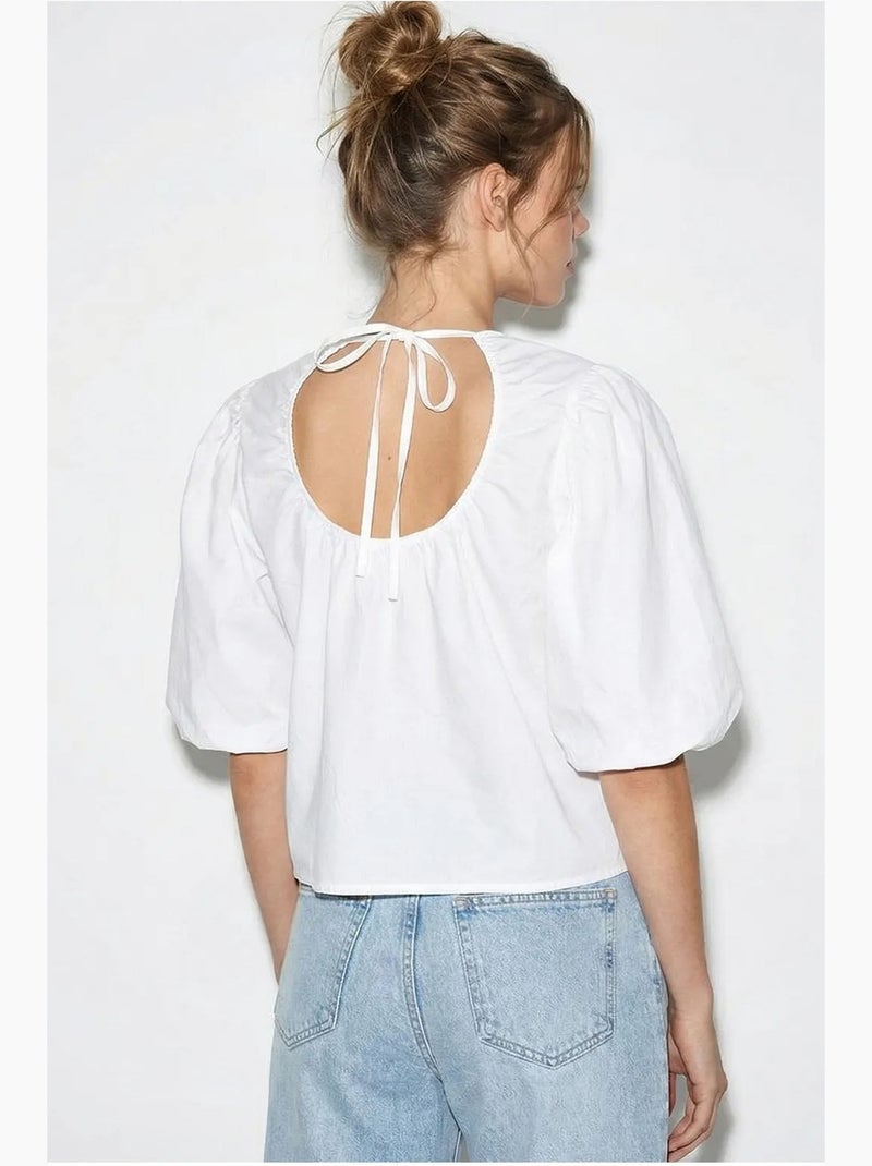 Blusa popelina de algodão para atar à frente lucci Branco - Kiabi
