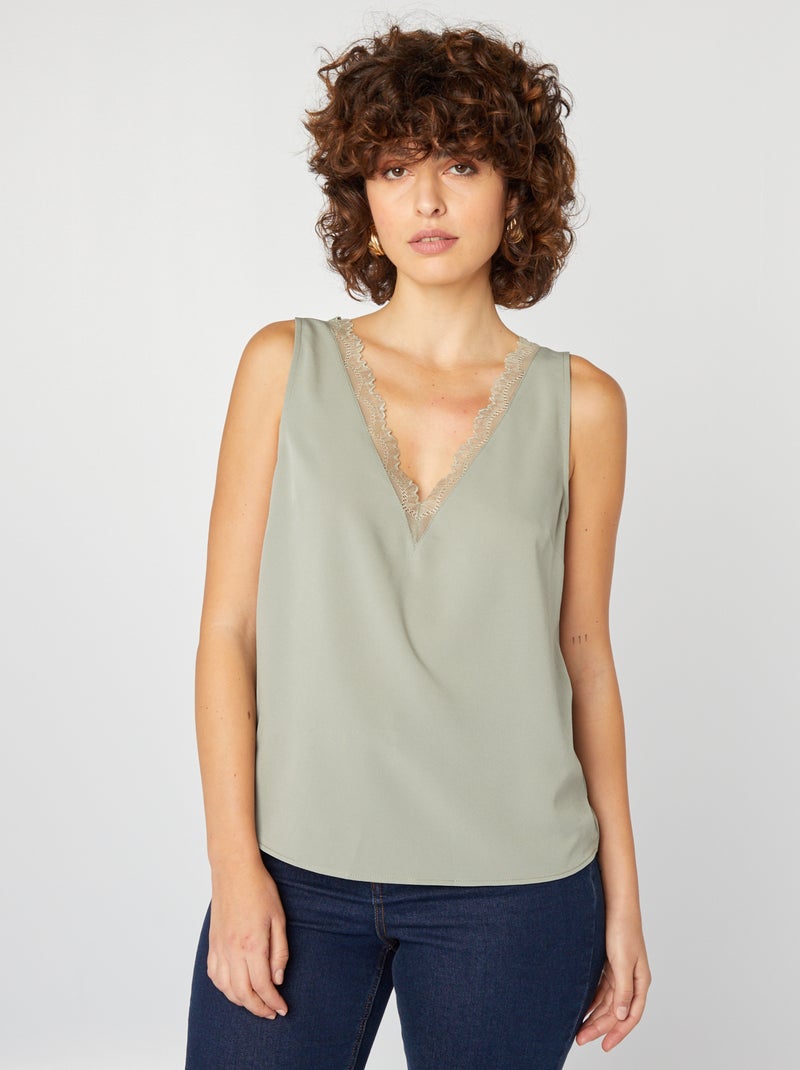 Blusa sem mangas com gola de renda VERDE - Kiabi