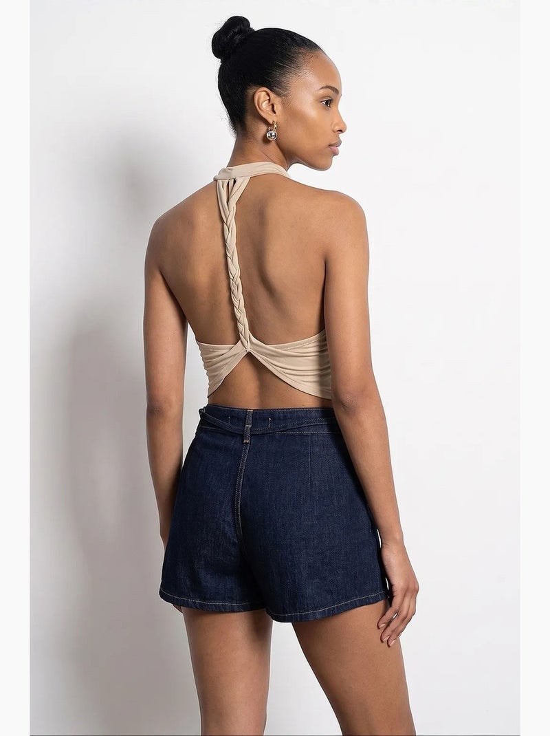 Blusa sem mangas e costas abertas com decote drapeado dilvin Bege-argila - Kiabi