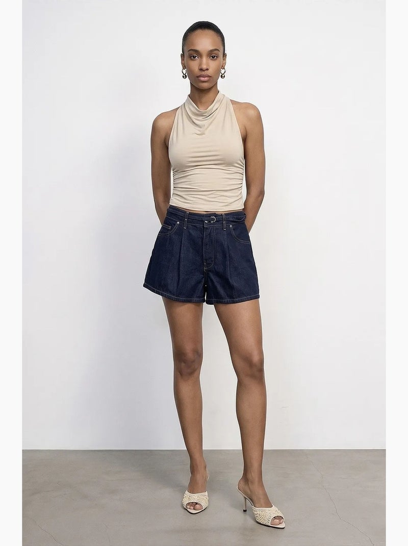 Blusa sem mangas e costas abertas com decote drapeado dilvin Bege-argila - Kiabi