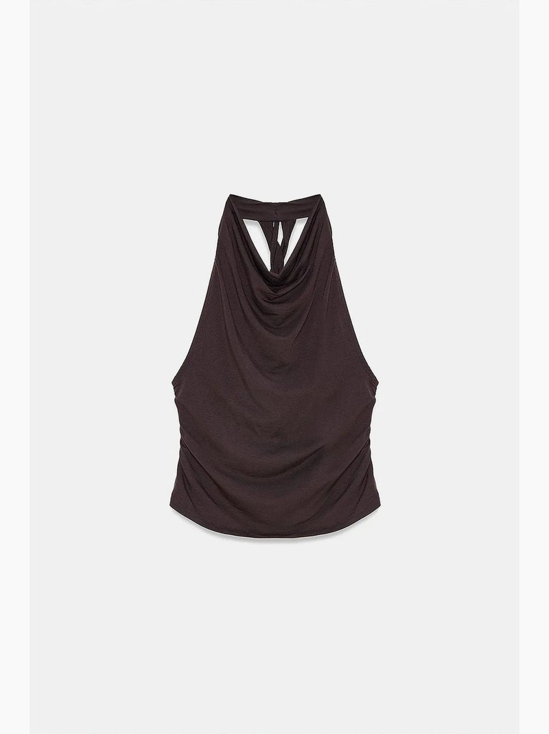 Blusa sem mangas e costas abertas com decote drapeado dilvin Castanho - Kiabi