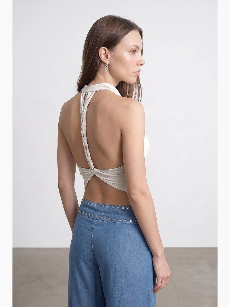 Blusa sem mangas e costas abertas com decote drapeado dilvin Creme - Kiabi