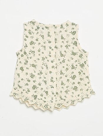 Blusa sem mangas em gaze de algodão com bordados ingleses