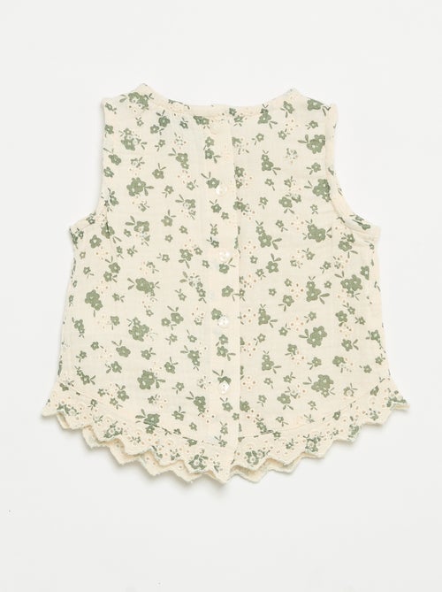 Blusa sem mangas em gaze de algodão com bordados ingleses - Kiabi