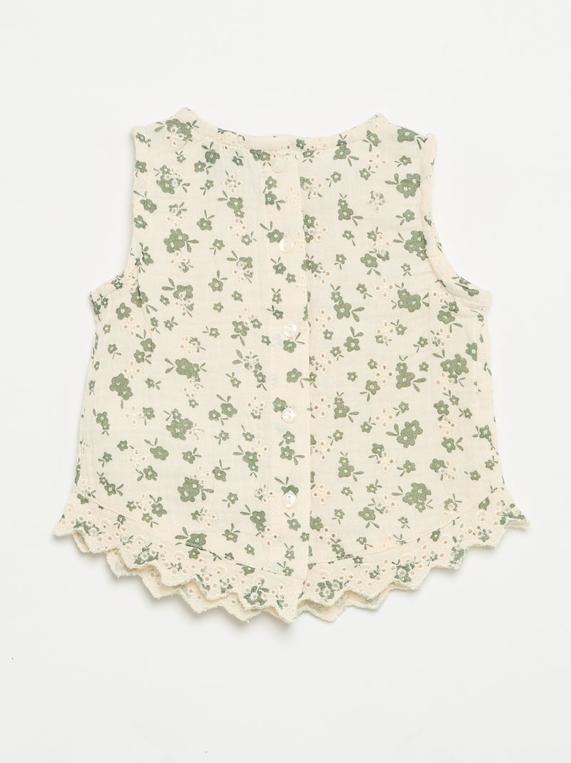 Blusa sem mangas em gaze de algodão com bordados ingleses Bege - Kiabi