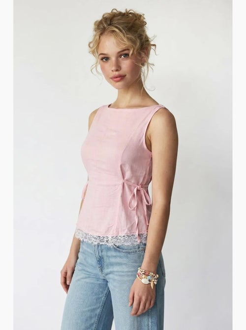 Blusa sem mangas em popelina com amarração mixray - Kiabi Blusa sem mangas em popelina com amarração mixray - Kiabi