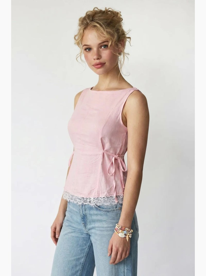 Blusa sem mangas em popelina com amarração mixray Rosa-claro - Kiabi